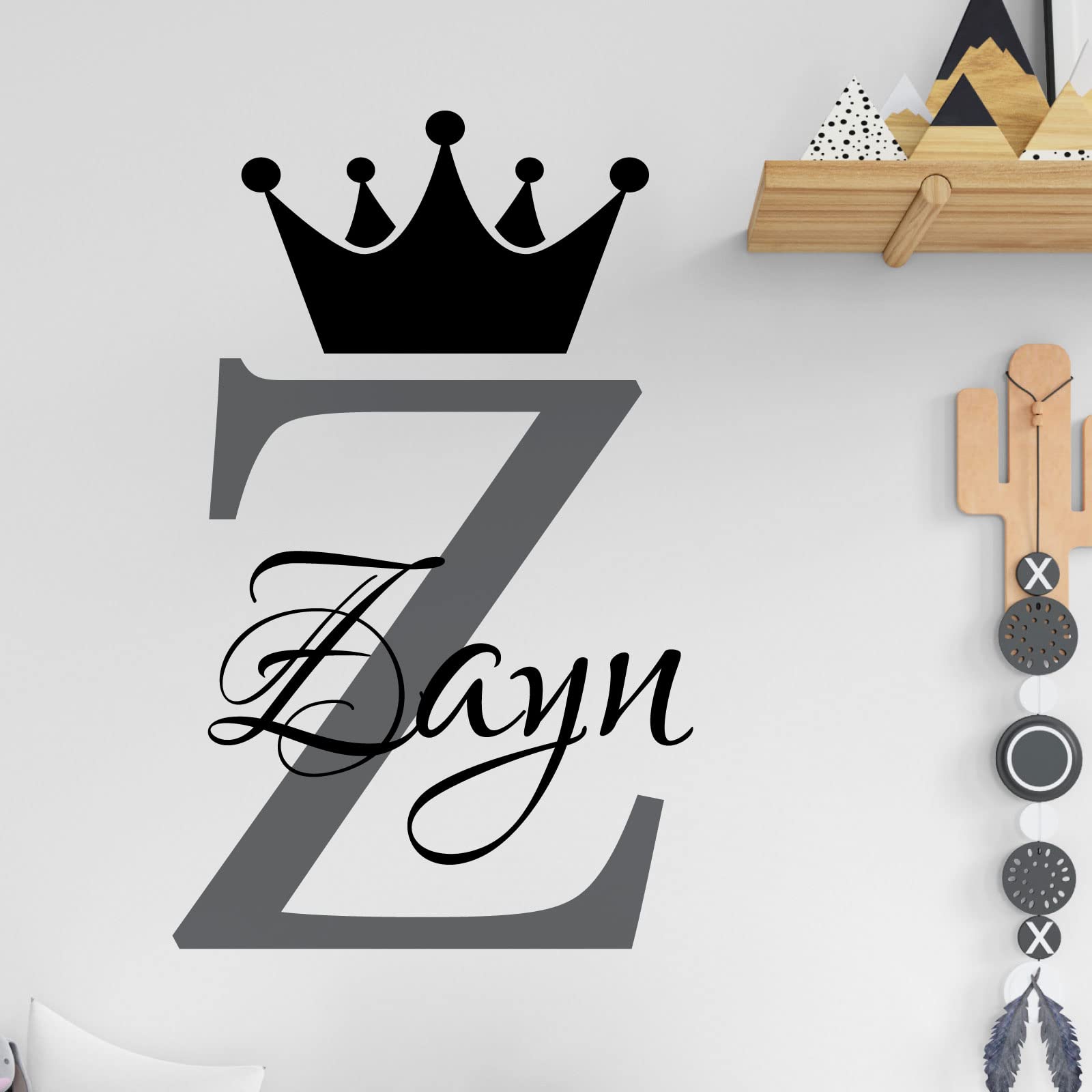 Personalised Name Baby Prince Princess Decal Wall Sticker - Initial Letter Crown [Large] [Dark Grey]