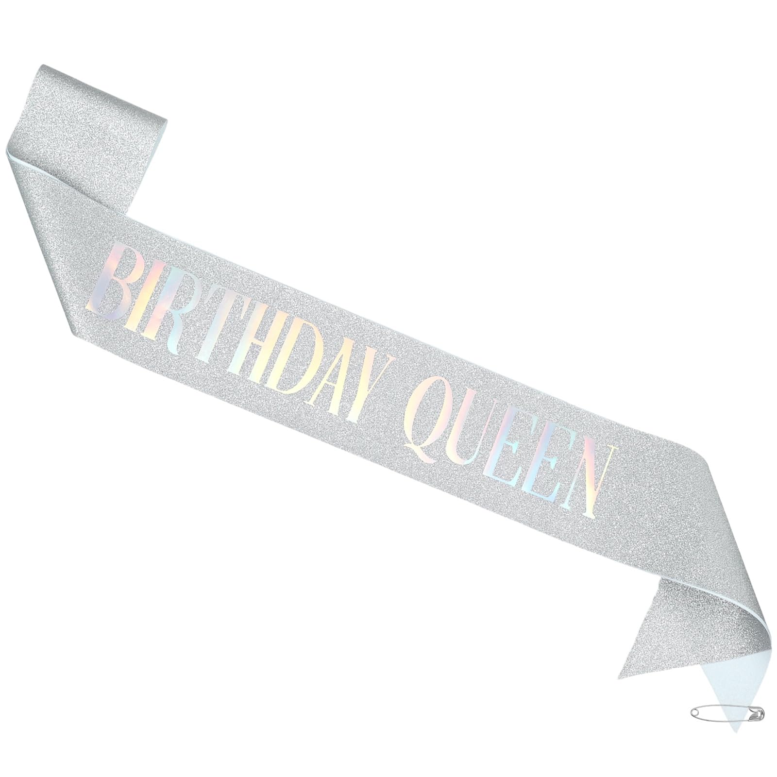 M METERXITY 1-Pack Birthday Sash Printed with the Word Queen, Sequined Fabric Birthday Gifts Decorations with Pin for Women, Teens, Adults/Party Favors Supplies [Silver Glitter]