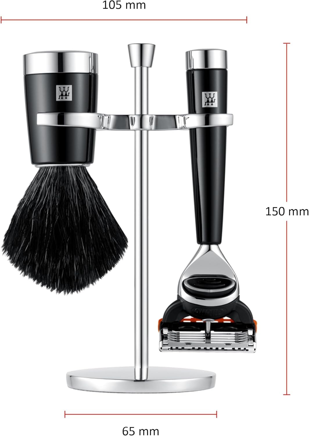 ZWILLING Set di rasoi con rasoio (3 pezzi con pennello da barba e supporto, adatto alle lame Gilette Fusion, set regalo), nero