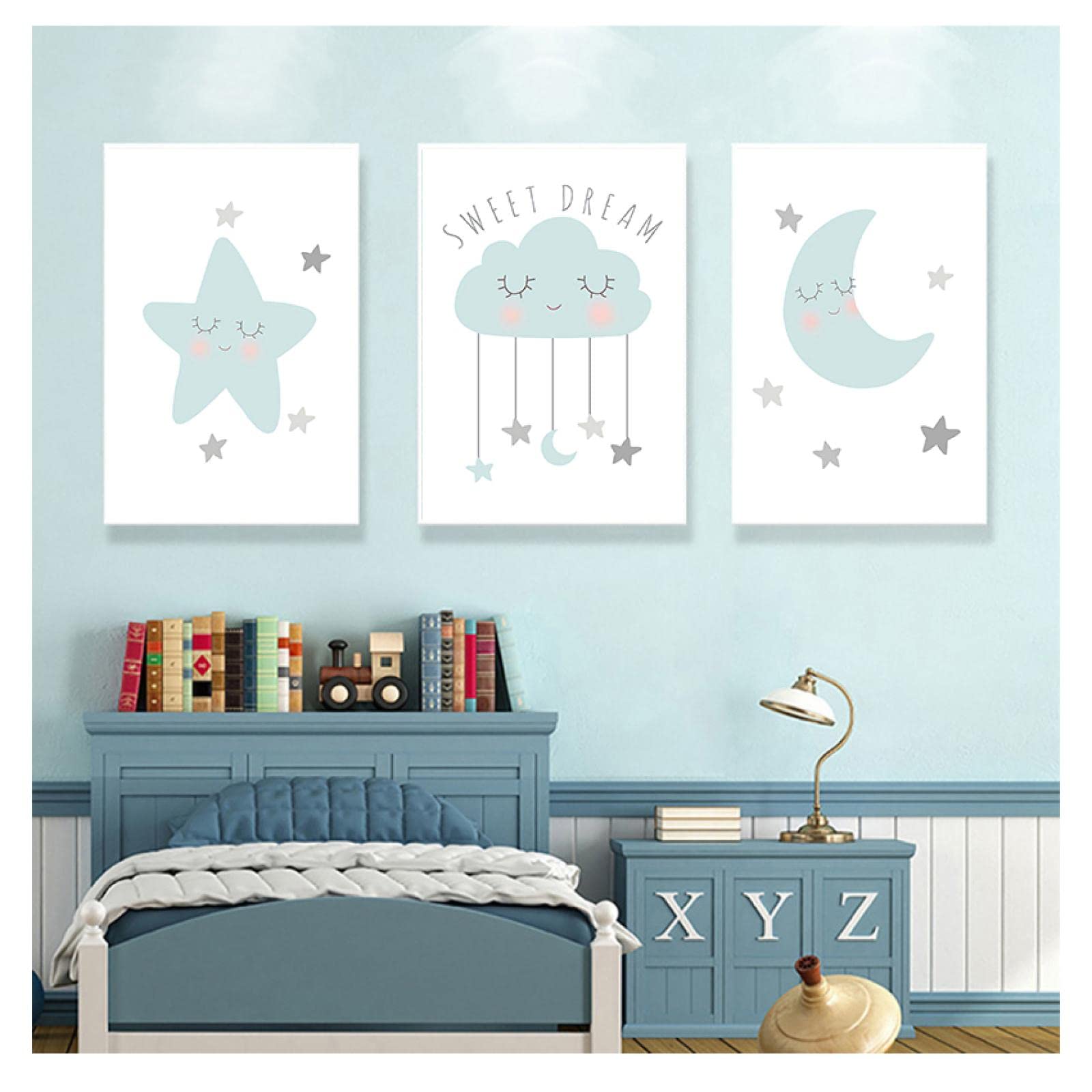 Niño Póster Impresión Arte de la pared Pintura en lienzo Nórdico Niños Decoración Imagen Bebé Dormitorio Decoración Luna Estrella Nube Guardería Citas 50x70cm (20x28in) x3 Sin marco
