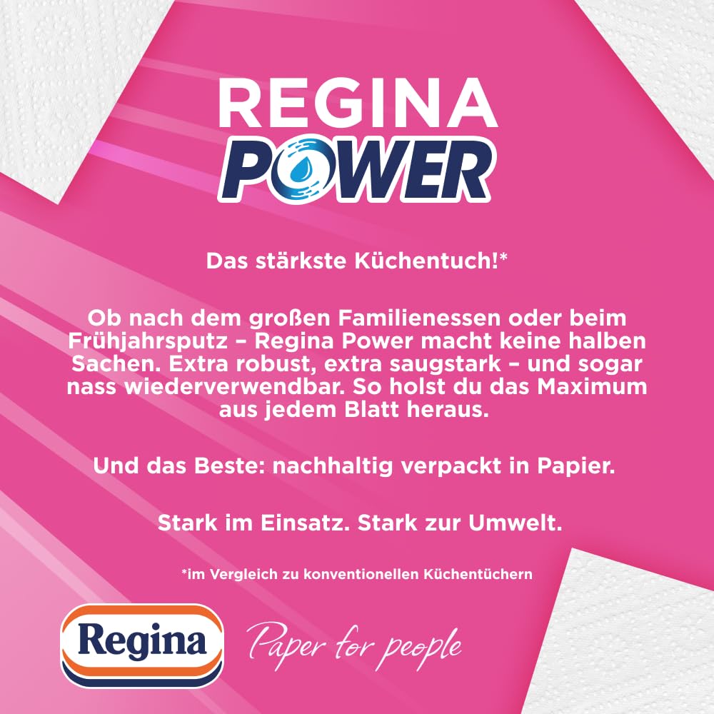 Regina Power, 24 Küchenrollen Küchentücher, 2-lagig | 43 Blatt pro Rolle, Ultrastarke Papiertücher für den ganzen Haushalt, Verpackung aus recycelbarem Papier, FSC Papier