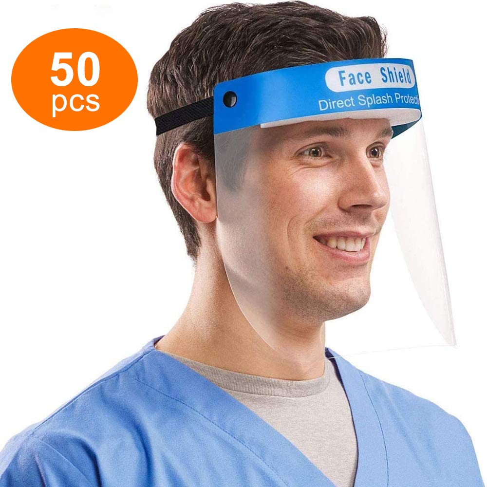 Face Shield, Protective Face Shield Anti Splash and Saliva Clear Film Protect Face and Eyes with Adjustable Band and Comfort Sponge, Reusable Shield - 50 Packs