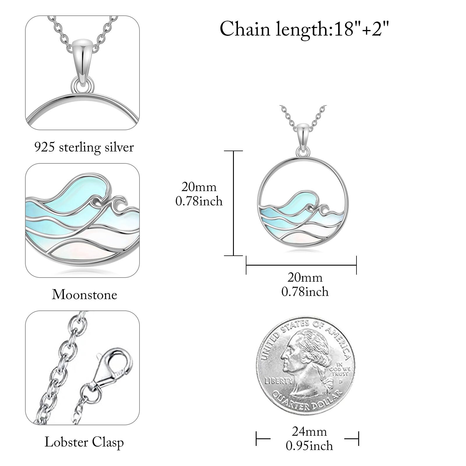 Mondstein Wellen Halskette Damen 925er Sterlingsilber Strand Anhänger Schmuck Geschenk für Meer- und Surf-Fans