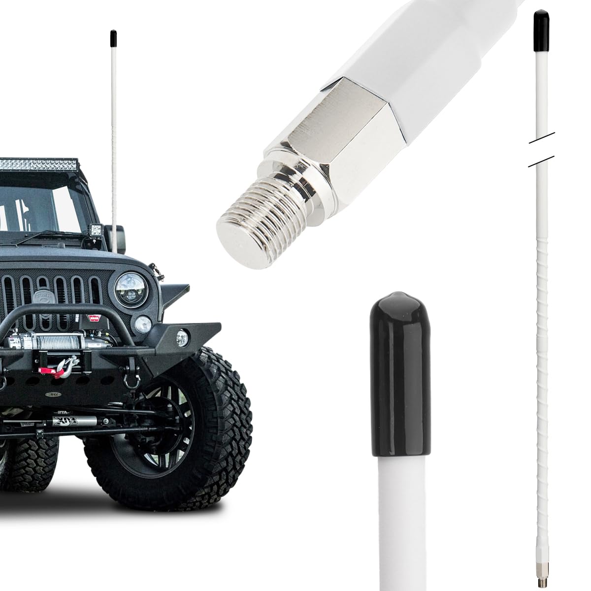 CB Radio Antenna Whip Fiberglass Antennas Kit Long Range White 2’ Foot 27MHz Heavy Duty 1000 Watt Antenna for Mobile Car Vehicle Truck CB Radio