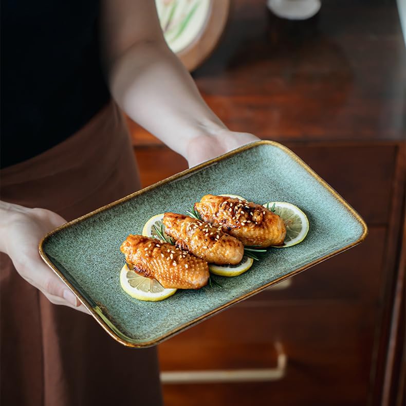 Ceramic Dinner Plates Dish, 10 Inch Rectangular Serving Platter, Microwave,Dishwasher Safe,Not Suitable for Oven,Kitchen Dinnerware,Green Serving Trays for Entertaining - Image 2