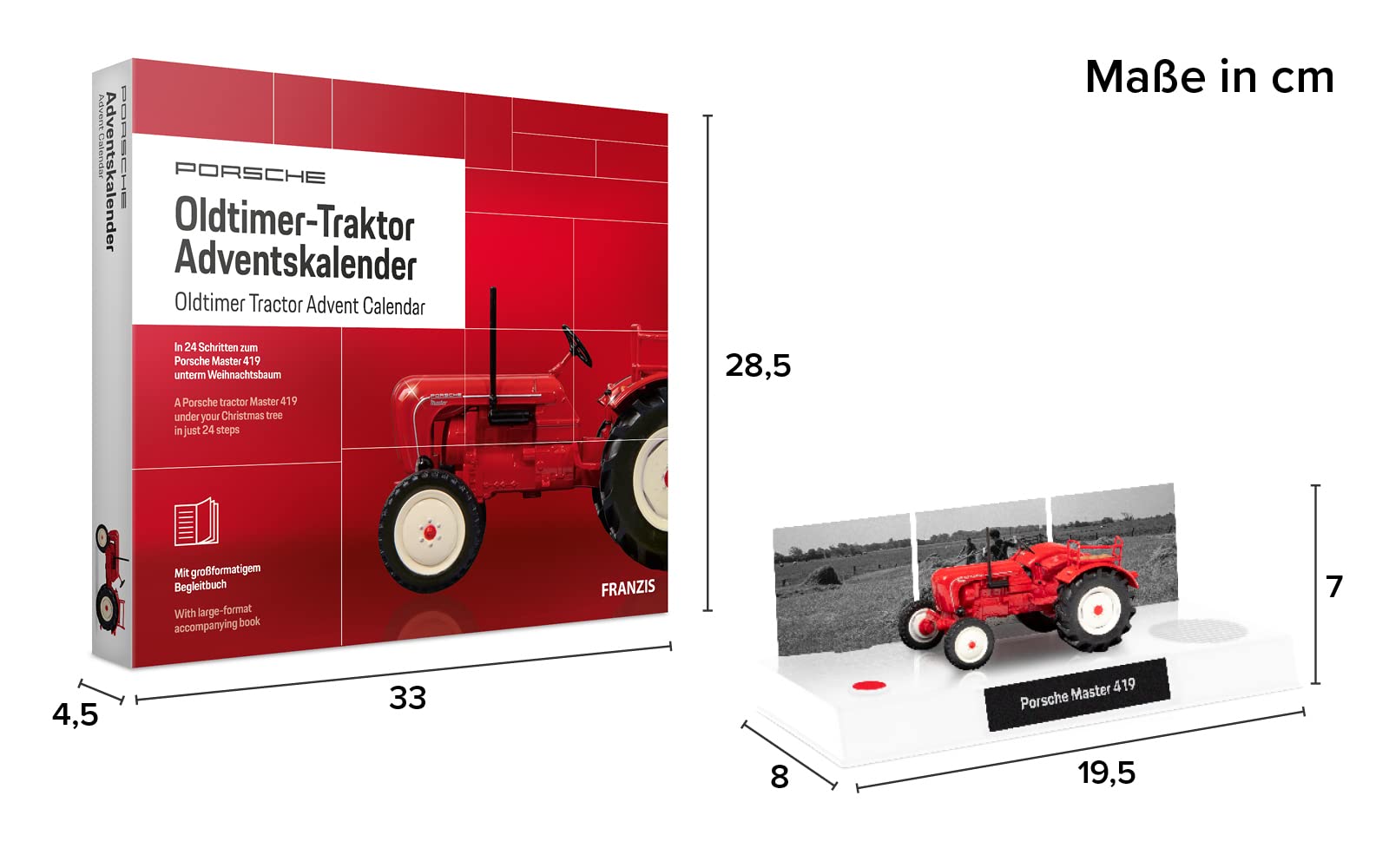 FRANZIS 67067 Porsche Oldtimer-Traktor Adventskalender 2019 | in 24 Schritten zum Porsche Master 419 unterm Weihnachtsbaum | Für Sammler und Modellbau-Liebhaber | Ab 14 Jahren