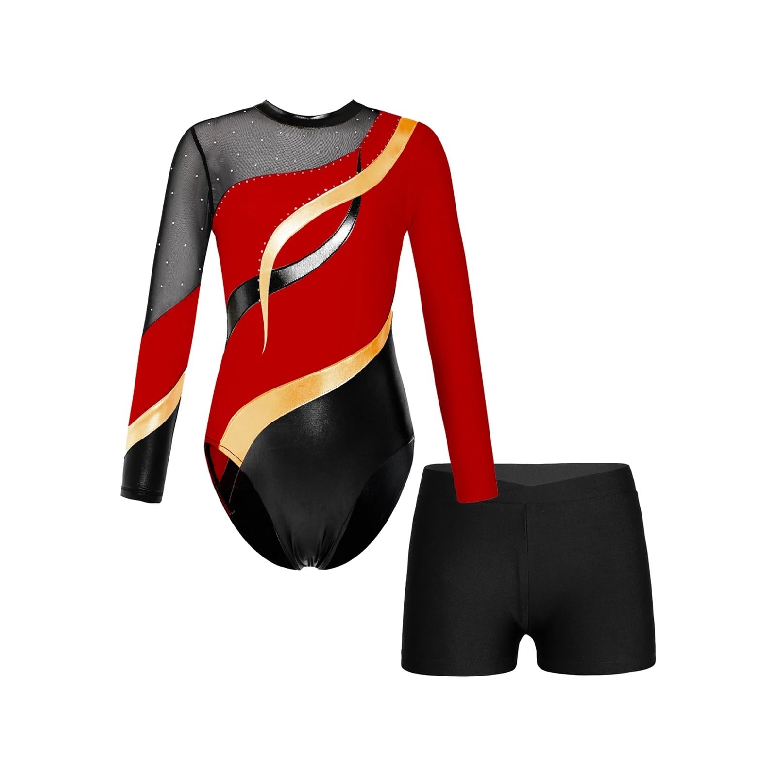 Gymnastikanzug Kinder Mädchen Kinder-Mädchen-Langarm-Gymnastik-Trikot mit glänzenden Strasssteinen und Shorts, Tanzbekleidungs-Sets for Tanzwettbewerb, Skating-Body(Red,8)