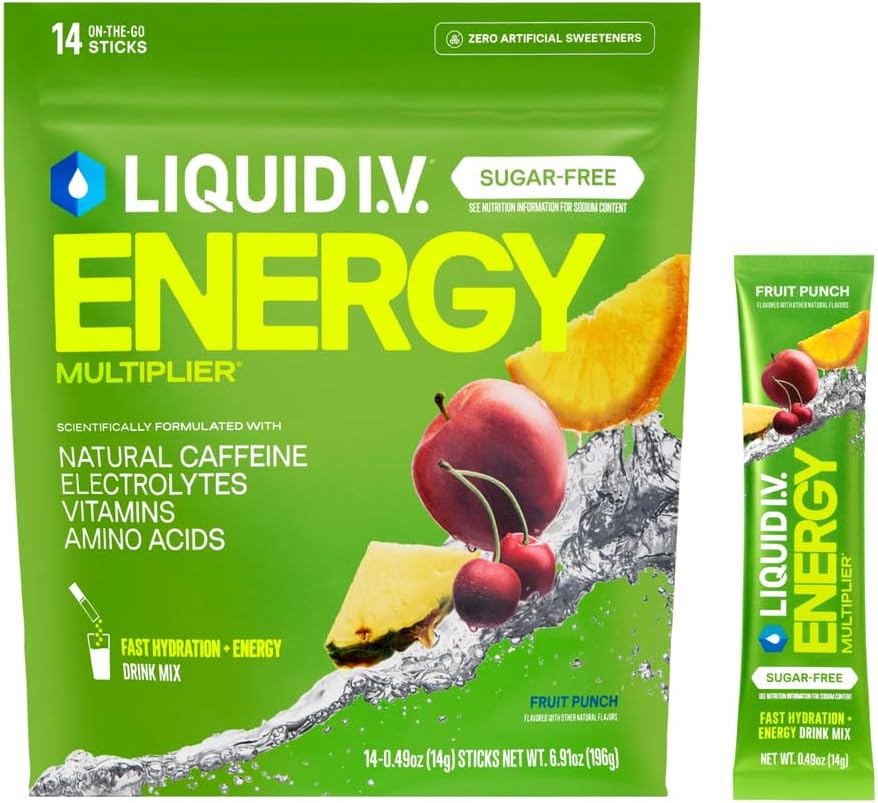 Liquid I.V.® Hydration Multiplier Sugar-Free + Energy - Fruit Punch | Electrolyte Powder Drink Mix | 1 Pack (14 Servings)