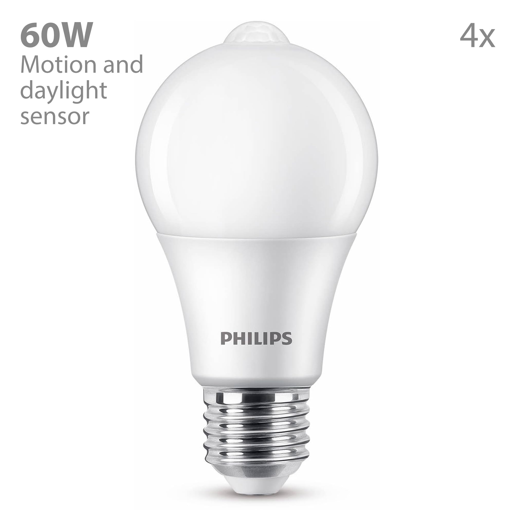 Philips Vorteilspaket - E27 - Standard LED Lampe mit Bewegungsmelder - Matt - 60W - Nicht dimmbar - Warmweißes Licht - Set 4 Stück