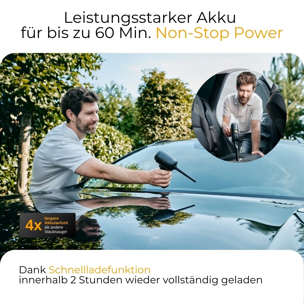 Turbotastic Pro 2 Handstaubsauger – 120W, 18.000Pa, bis 60 Min Laufzeit, HEPA-Filter, LED-Display, 4-in-1 Düsen (Auto, Tierhaare, Polster, Aufpumpen, Vakuumieren) (Nachtschwarz, Starter Set)