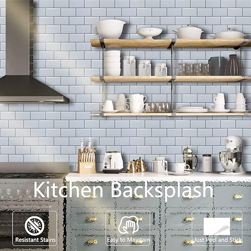 Miniatura 3 de Paquete de 1 protector contra salpicaduras de azulejos para despegar y pegar, papel tapiz de 12 x 12 pulgadas, color azul claro