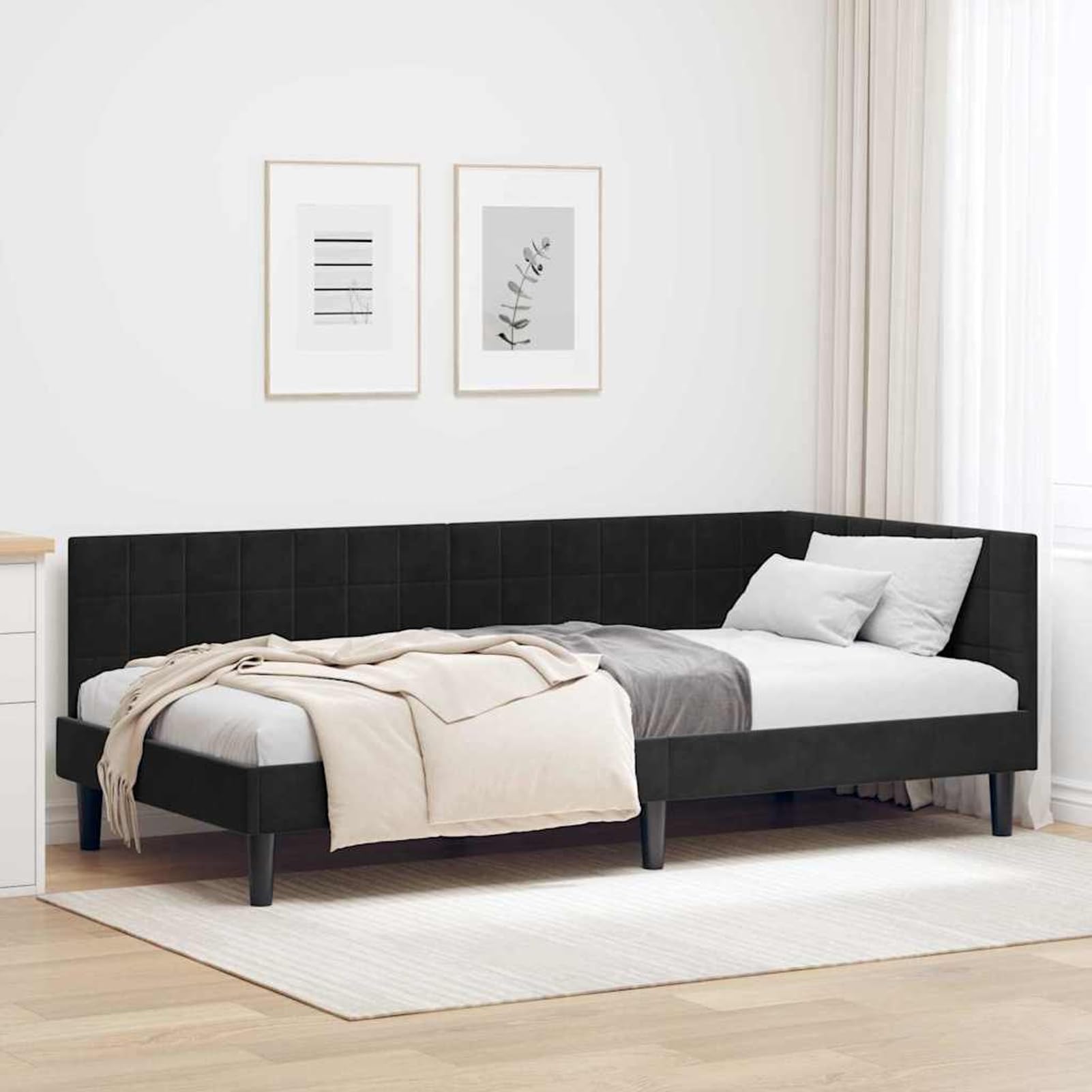 Gecheer Eckbettgestell mit Kopfteil Schwarz 90 cm x 200 cm Stoff, Eckbett Familienbett Schlafsofa Bettgestell für Schlafzimmer Kinderzimmer Dachgeschoss42016433