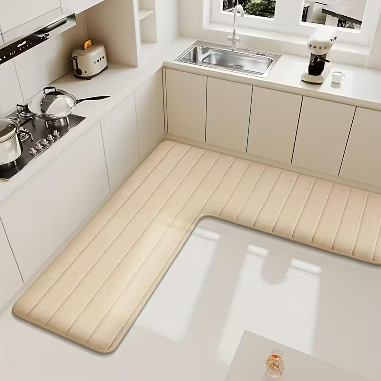 Wlian L-Shaped Kitchen Mat – Non-Slip Absorbent Corner Floor Mat for Kitchen & Home, Soft L-Shape Rug for Bathroom, Toilet & Shower Corners, Machine Washable, Beige, 75x75x45cm