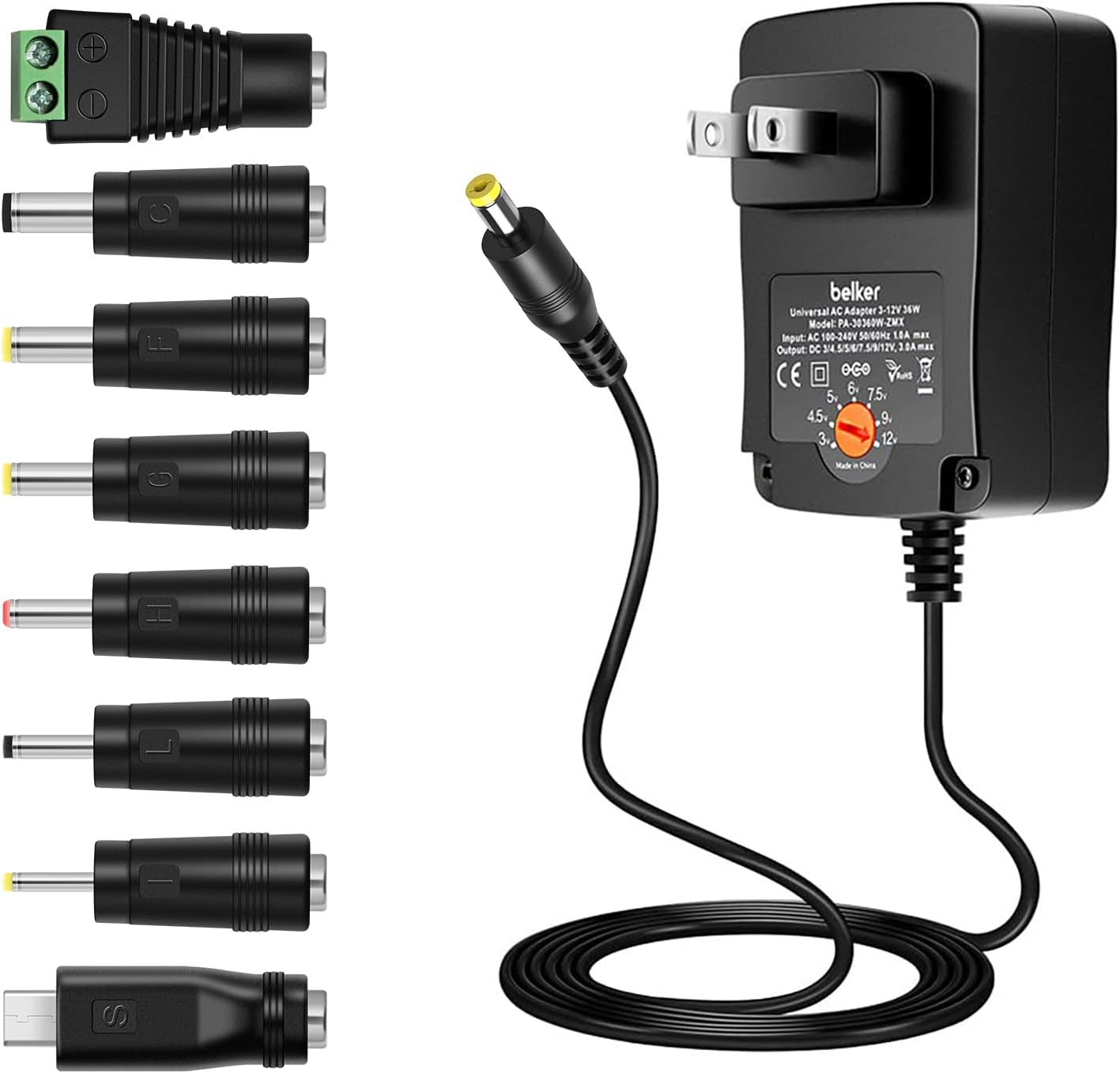 Belker 36W Universal 3V 4.5V 5V 6V 7.5V 9V 12V AC DC Adapter Power Supply for LCD LED Light Strip Router HUB Speaker Smart Phone TV Box 1A 1.5A 2A 2.5A 3A 3000mA Amp Max.