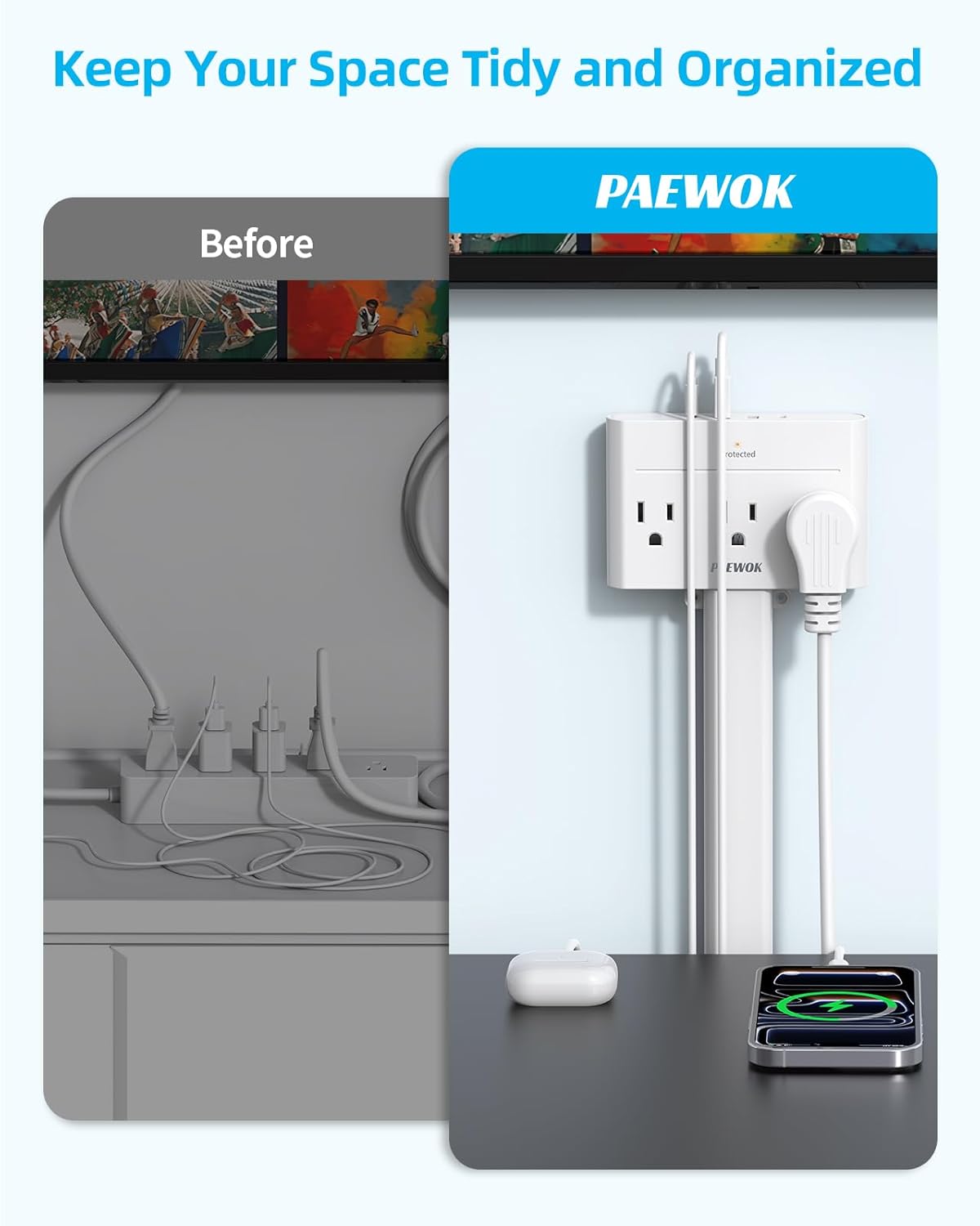 Electrical Outlet Extender Stick 180° Rotating Extendable Wall Plug Adapter, Features USB-A, USB-C, 3 AC for Hard to Reach Spaces, Extends 15.7"-25.6" Use Behind Couches, Nightstands, Home Essentials