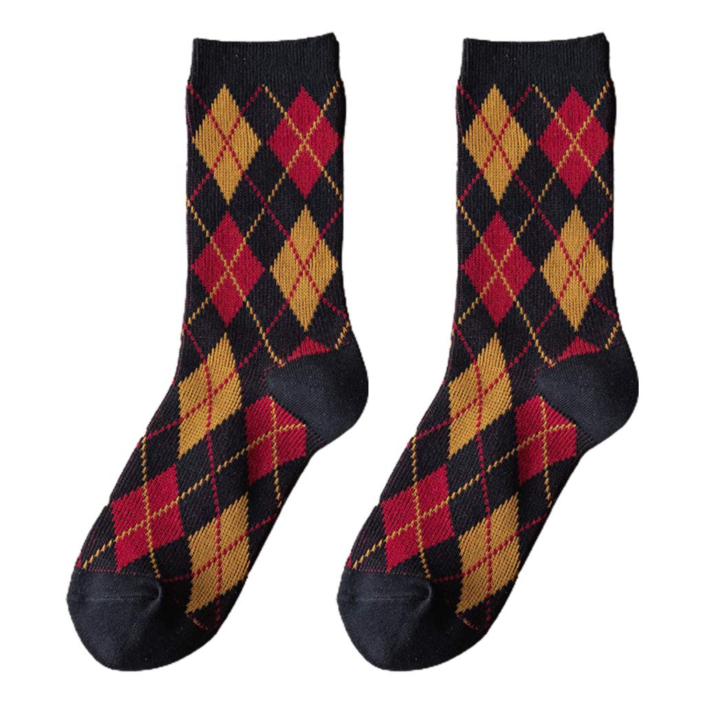 QUEENYARD Women Ethnic Argyle Print Crew Socks Vintage College Preppy Style Hosiery