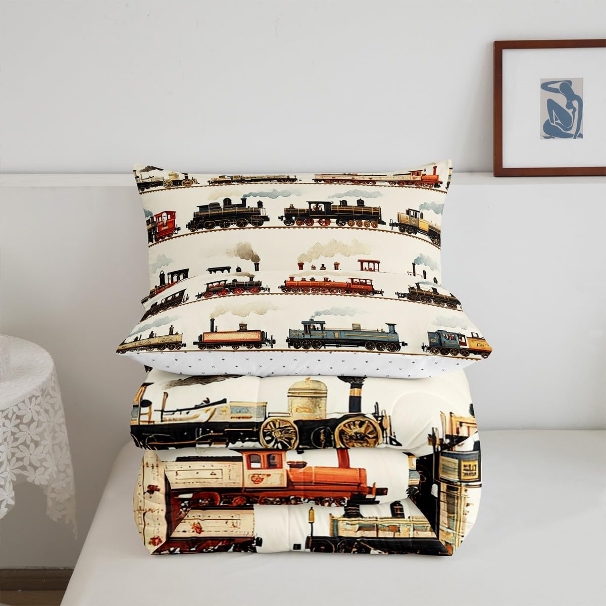 Feelyou Kids Train Fitted Sheet Set - Queen Size Buffalo Check Orange Plaid - Retro Steam Engine Bedding - View #8