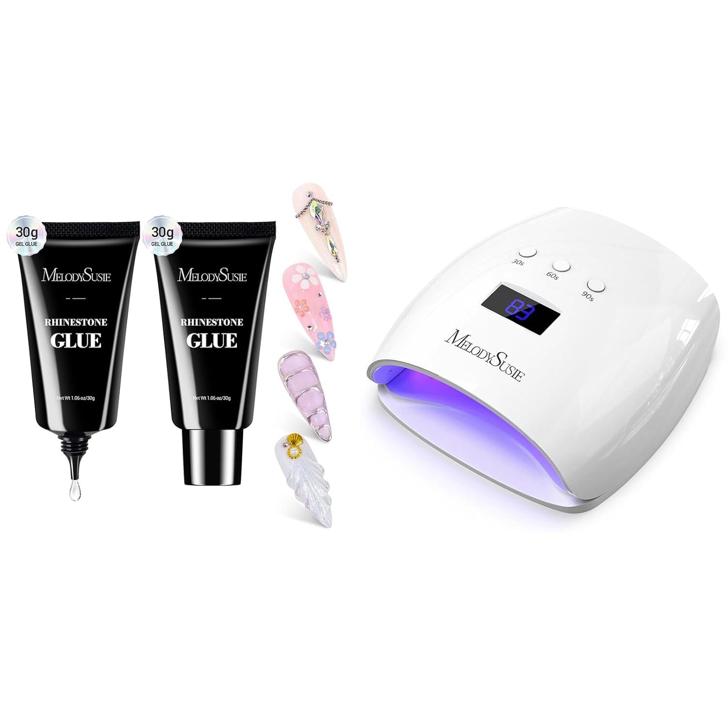Melodysusie UV Nail Lamp, Plus30I UV Light for Gel Nails and Nail Rhinestone Glue for Nails 60g