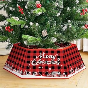 Christmas Tree Collar Buffalo Plaid Christmas Tree Base Cover Fabric Hexagon Tree Base Skirt with Six Patterns Christmas Tree Base Bottom Stand Cover with 31In Diameter for Tree Decoration