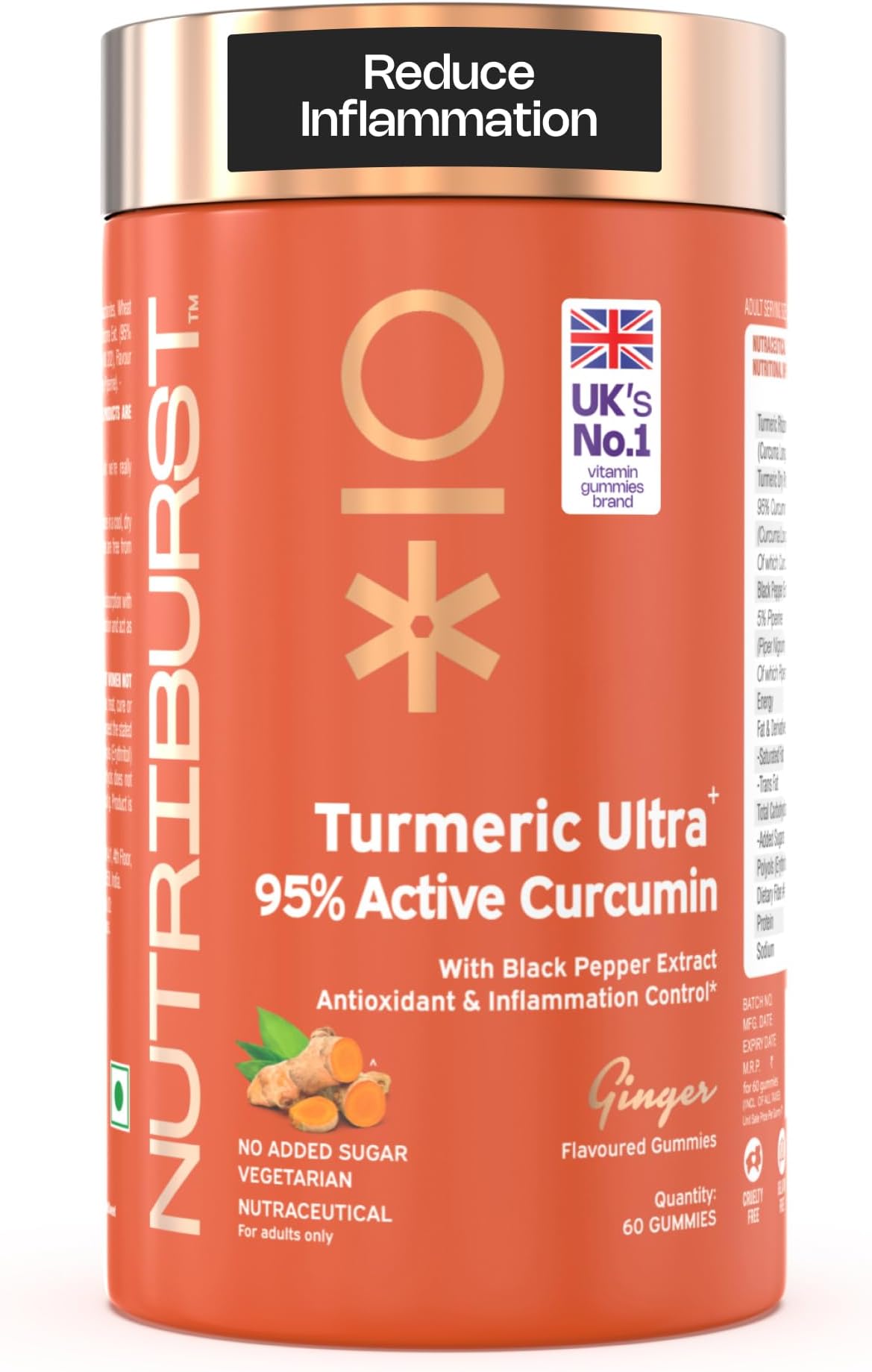 Nutriburst Turmeric Ultra Gummies with 95% Active Curcumin & Black Pepper Gummies | Anti-inflammatory & Antioxidant | No-Added Sugar | Ginger Flavor | 100% Vegetarian | 60 Gummy