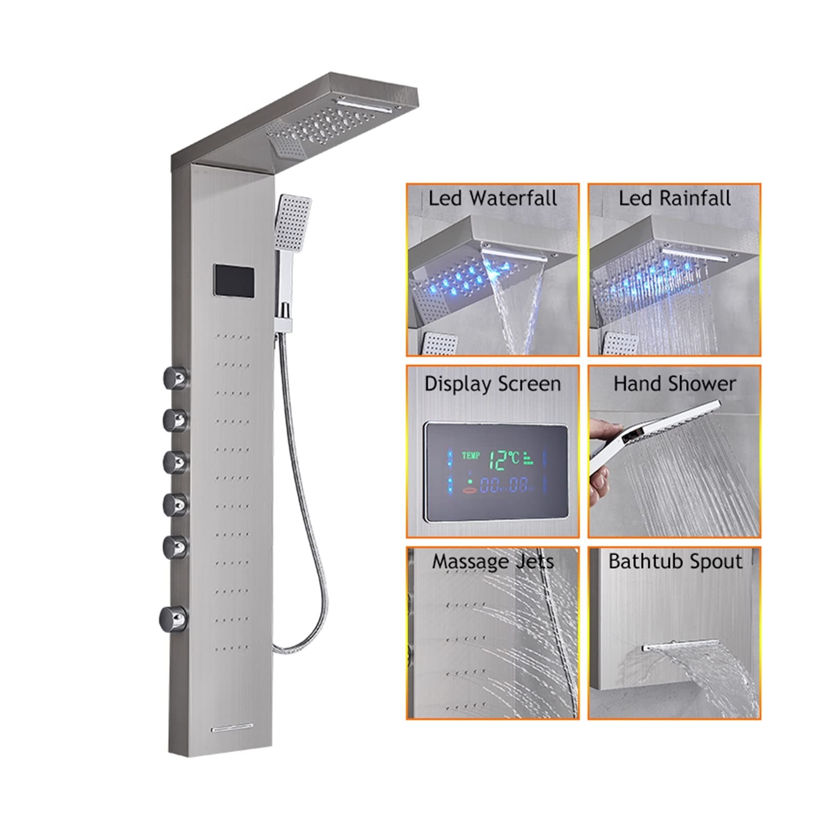 Soywim 8013 Brushed Nickel Shower System, Led Shower Panel Bath Faucet Temperature Digital Display Tub Body Massage System Jets Tower Column(8013 Brushed Nickel)