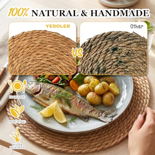 Image of 24 Pcs Round Woven Placemats - Yedoler 13 in Farmhouse Boho Straw Heat Resistant Outdoor Patio Rattan Wicker Table Mats, Natural Water Hyacinth Place Mats Coasters for Dining Table,Home,Wedding