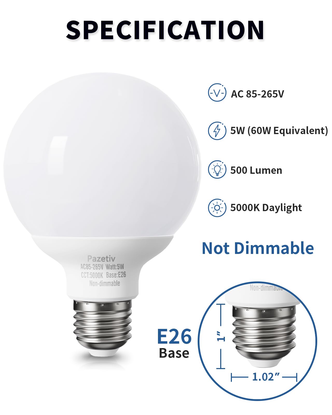 4 Pack Daylight LED Globe Light Bulbs for Bathroom 120V 60 watt Equivalent E26 Medium Base Non-Dimmable Vanity — view 2