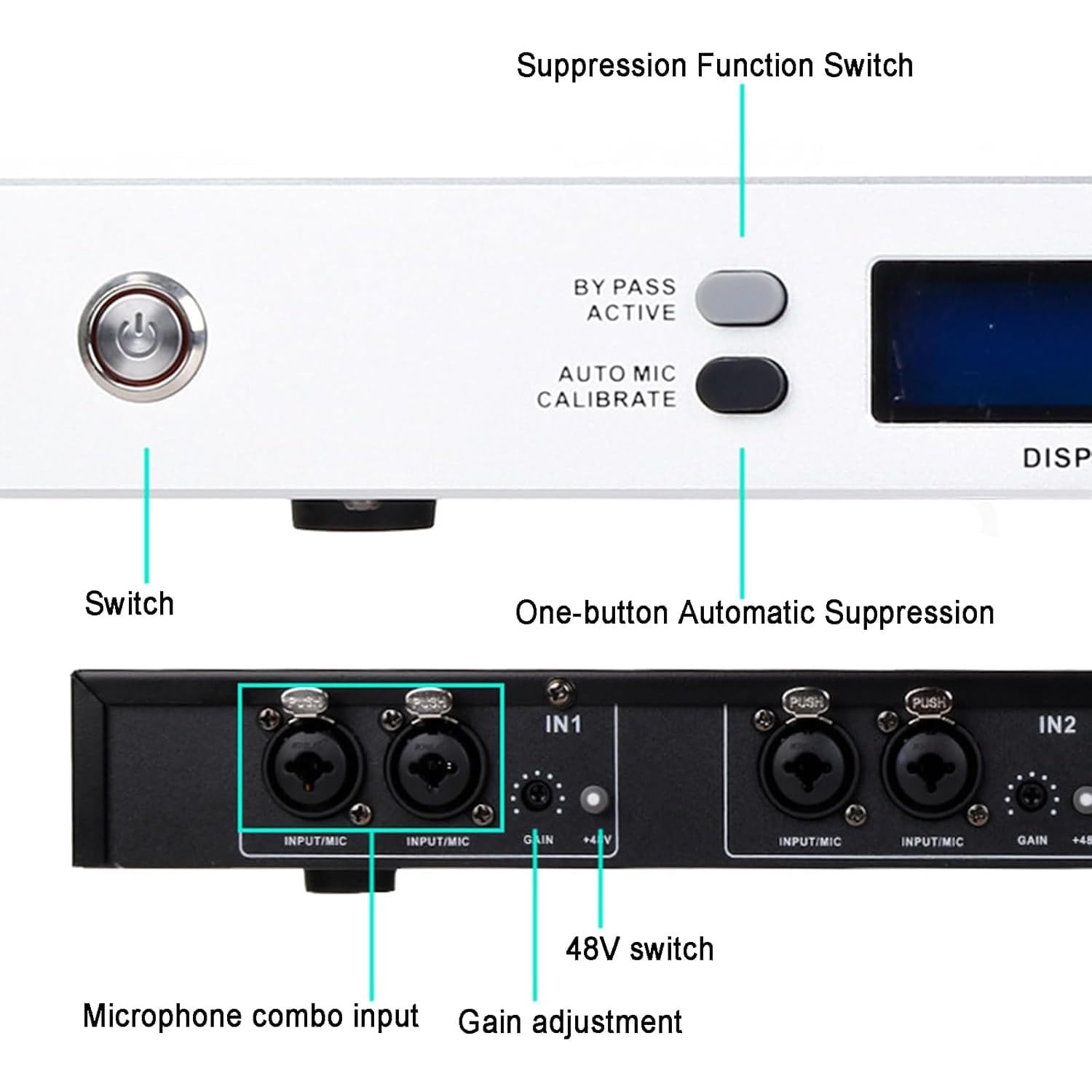Supresor de retroalimentación profesional, procesador de audio antiaullidos con reducción de ruido, entrada de cuatro canales de 48 V para karaoke y salas de conferencias