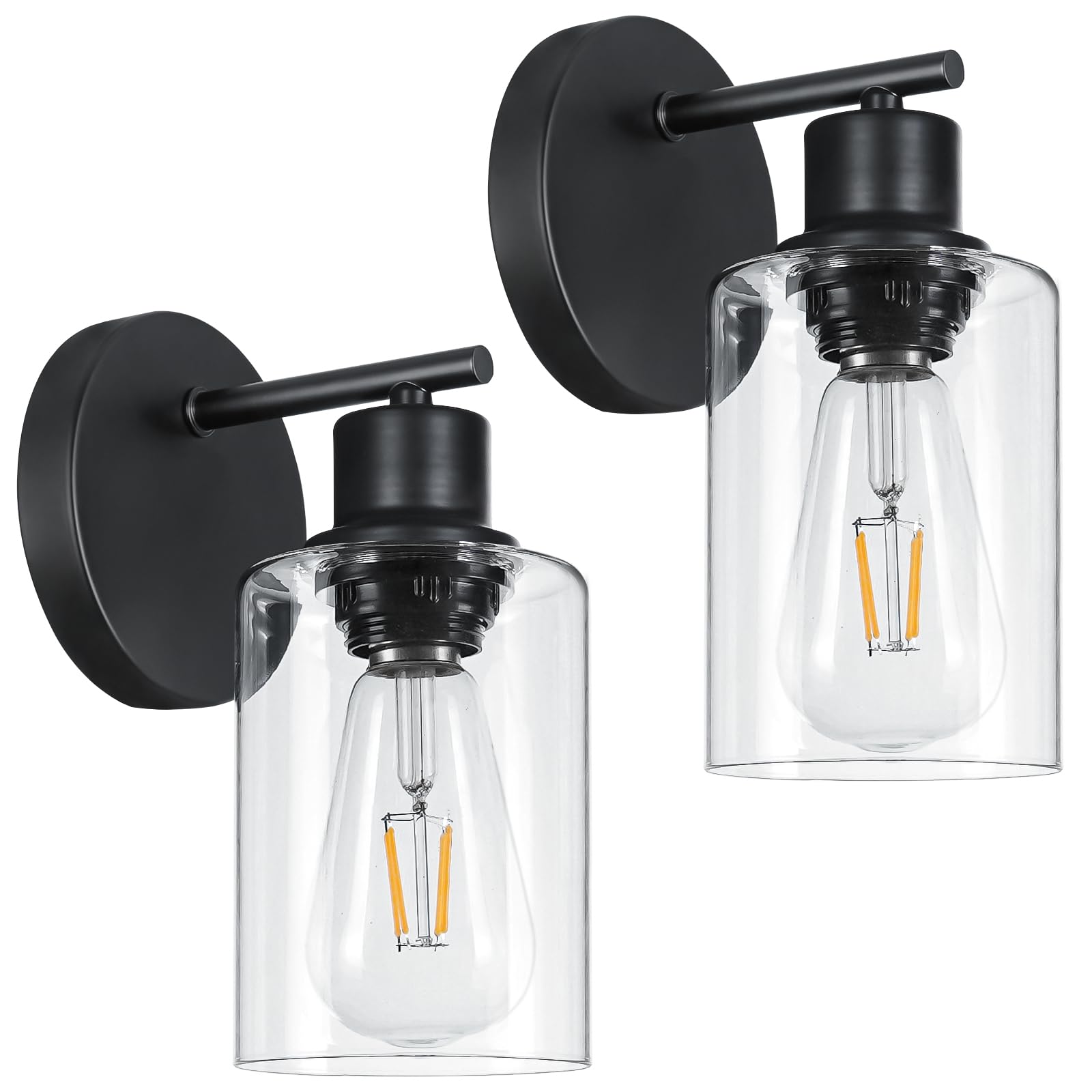 Wall Sconces Set of 2, Black Wall Mount Lighting with Clear Glass Shade, Modern Wall Lamp Fixtures, Vanity Light Fixtures over Mirror, Farmhouse Wall Lights for Bedroom Living Room Hallway Kitchen