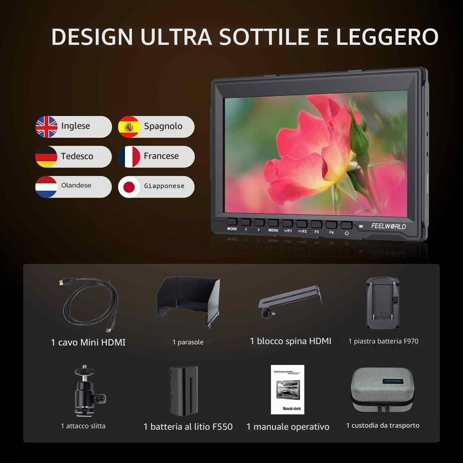 FEELWORLD FW759 7 Pollici Monitor da Campo 400nit | con Batteria F550 HDMI 4K, Focus Peaking, leggero, ideale per videomaker e registi alle prime armi