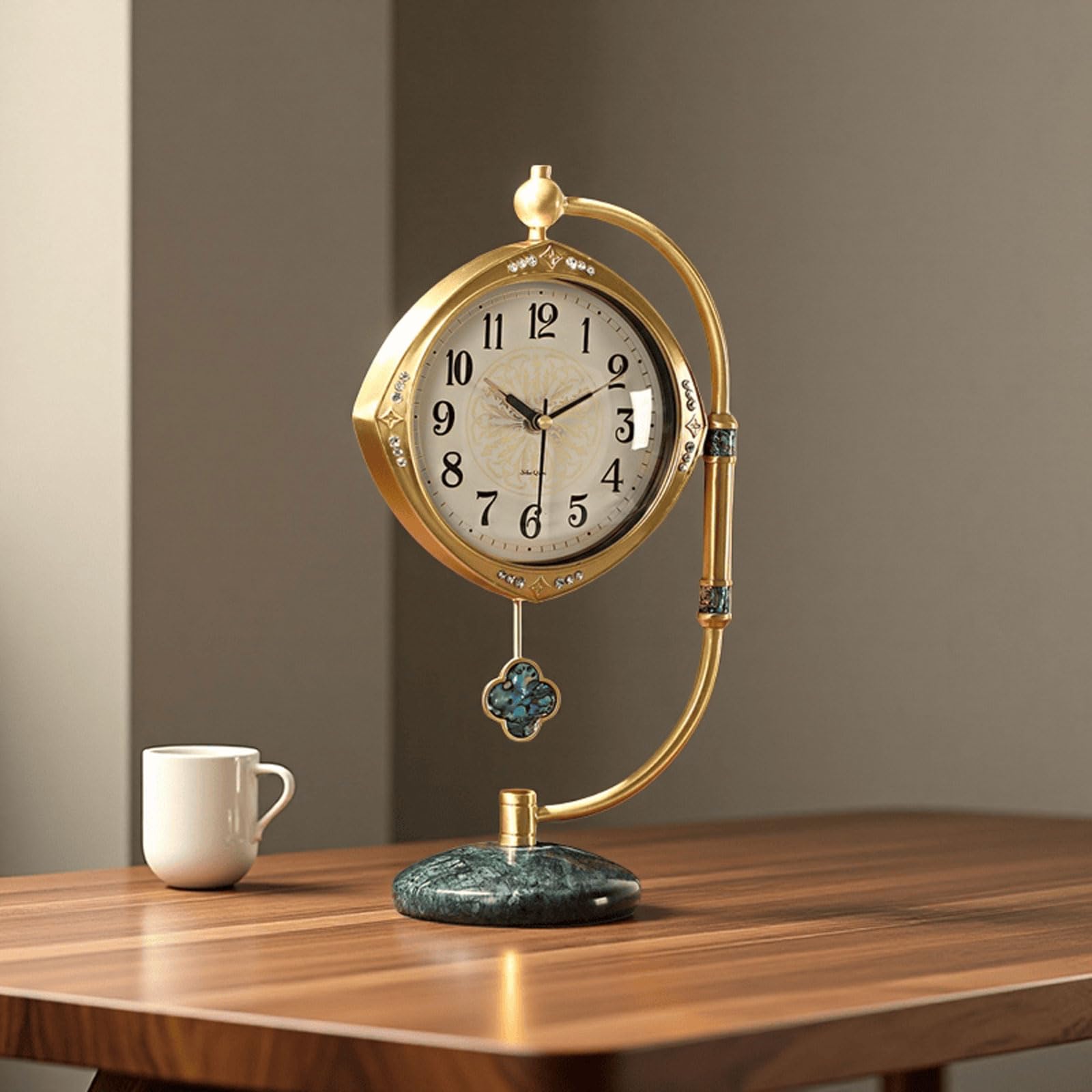 Luxuriöse Kaminuhr aus Messing - Leise Tischuhr mit Marmorsockel & Perlmutt-Inlay, Vintage Mechanisches Uhrwerk, Elegante Wohnkultur für Wohnzimmer