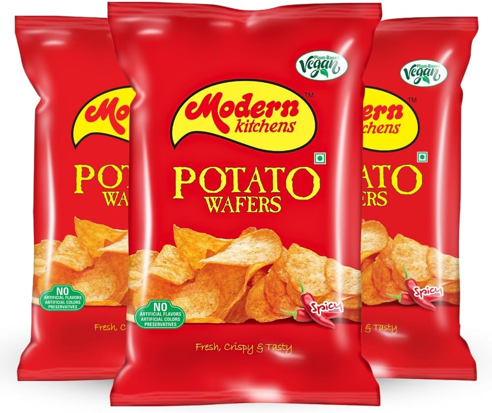 Modern Kitchens Spicy Potato Wafers Combo Pack | 100% Vegan | Fresh, Crispy & Tasty Chips Combo | Perfect for Snacking | No Preservatives & No Artificial Flavour & Colour - 480gm (pack of 3)