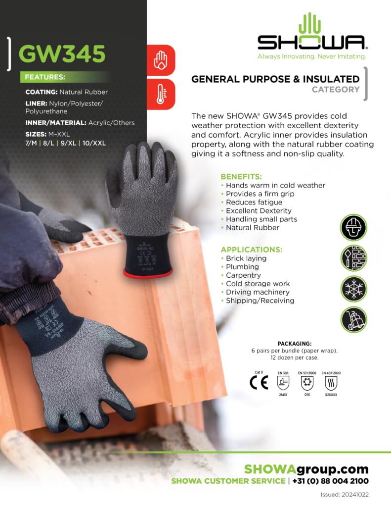 SHOWA GW345 Insulated, Latex Palm Coated General Purpose Winter Work Glove with Acrylic Liner, Large (12 Pair) - Image 2