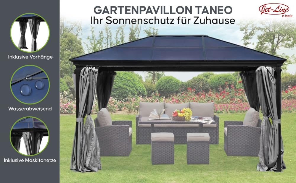 Jet-Line® | Alu Pawilon 3 x 4 m | Pergola z zadaszeniem | Pawilon ogrodowy Taneo | 3 x 4 m | Aluminiowa rama | z nieruchomym dachem | kolor antracytowy | do ogrodu | zadaszenie | stabilny ogrodowy