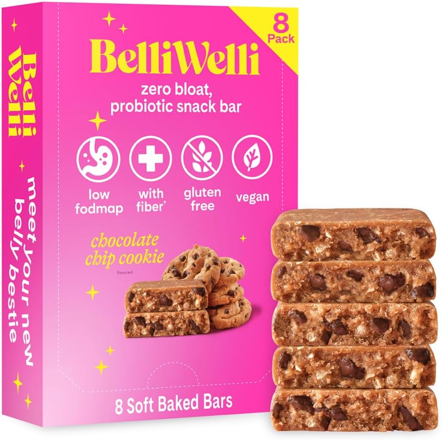 Belliwelli Soft Baked Probiotic Snack Bars | Gluten-Free, Dairy-Free, Vegan, Low-FODMAP | High-Fiber, Healthy & Tasty | Chocolate Chip (8 Pack)