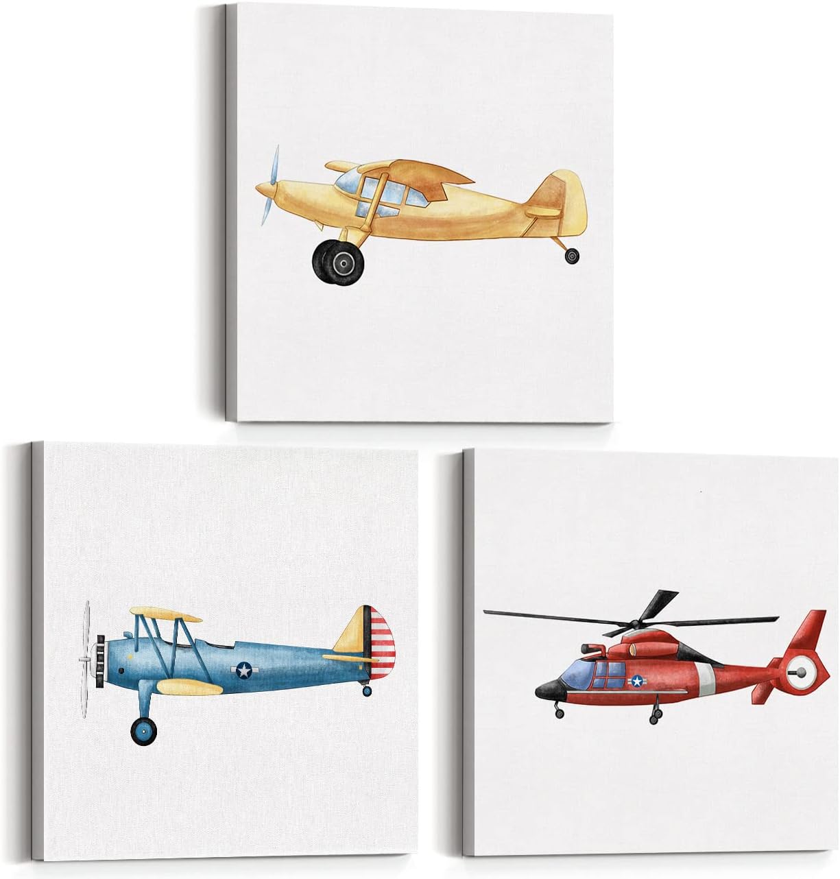 Yuzi-n Set of 3 Watercolor Airplane Nursery Transportation Art Posters Canvas Wall Art & Tabletop Home Boy Bedroom Decoration, Vintage Plane Aircraft Prints Easel & Hanging Hook 12x12 Inch