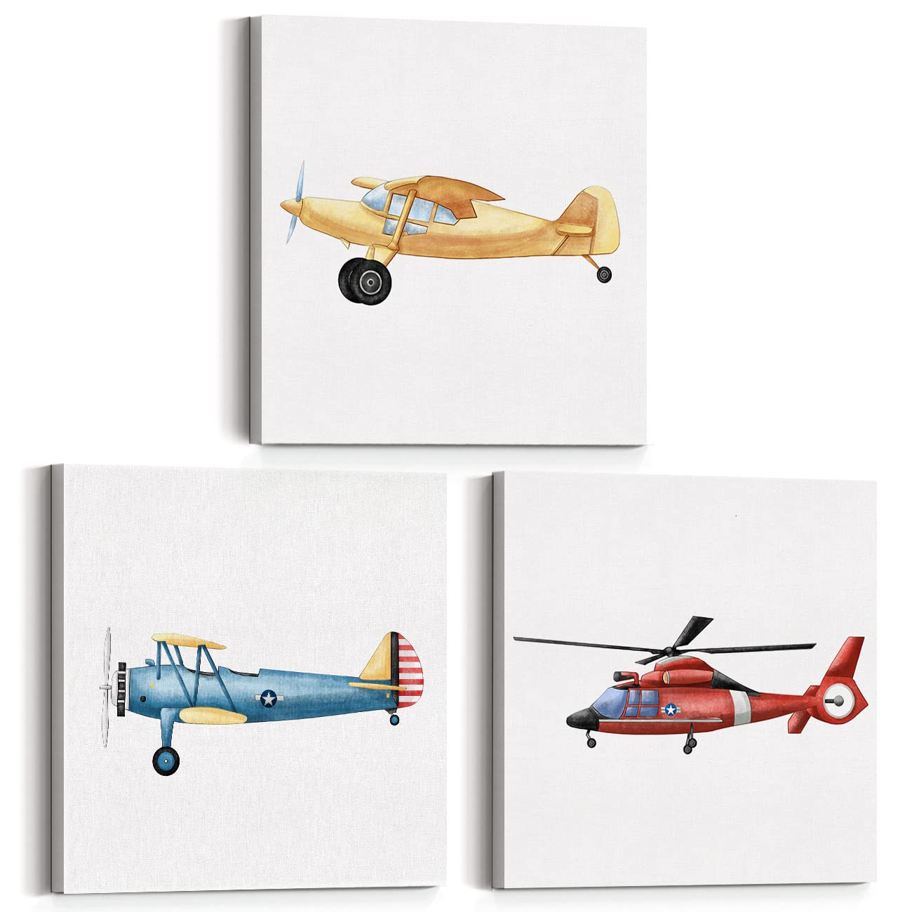 Yuzi-n Set of 3 Watercolor Airplane Nursery Transportation Art Posters Canvas Wall Art & Tabletop Home Boy Bedroom Decoration, Vintage Plane Aircraft Prints Easel & Hanging Hook 12x12 Inch