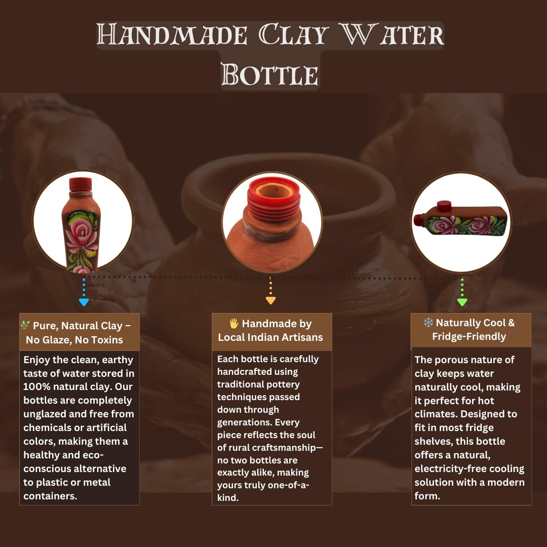 Botella de agua de arcilla roja con tapa, terracota hecha a mano, a prueba de fugas y naturalmente refrescante, botella ecológica con estampado de flores para agua potable (1000 ml