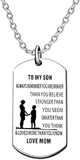 Mother Son Dog Tag Necklace for Men Boy To My Son You are Braver Stronger Smarter than you think Love Mom Stainless Steel