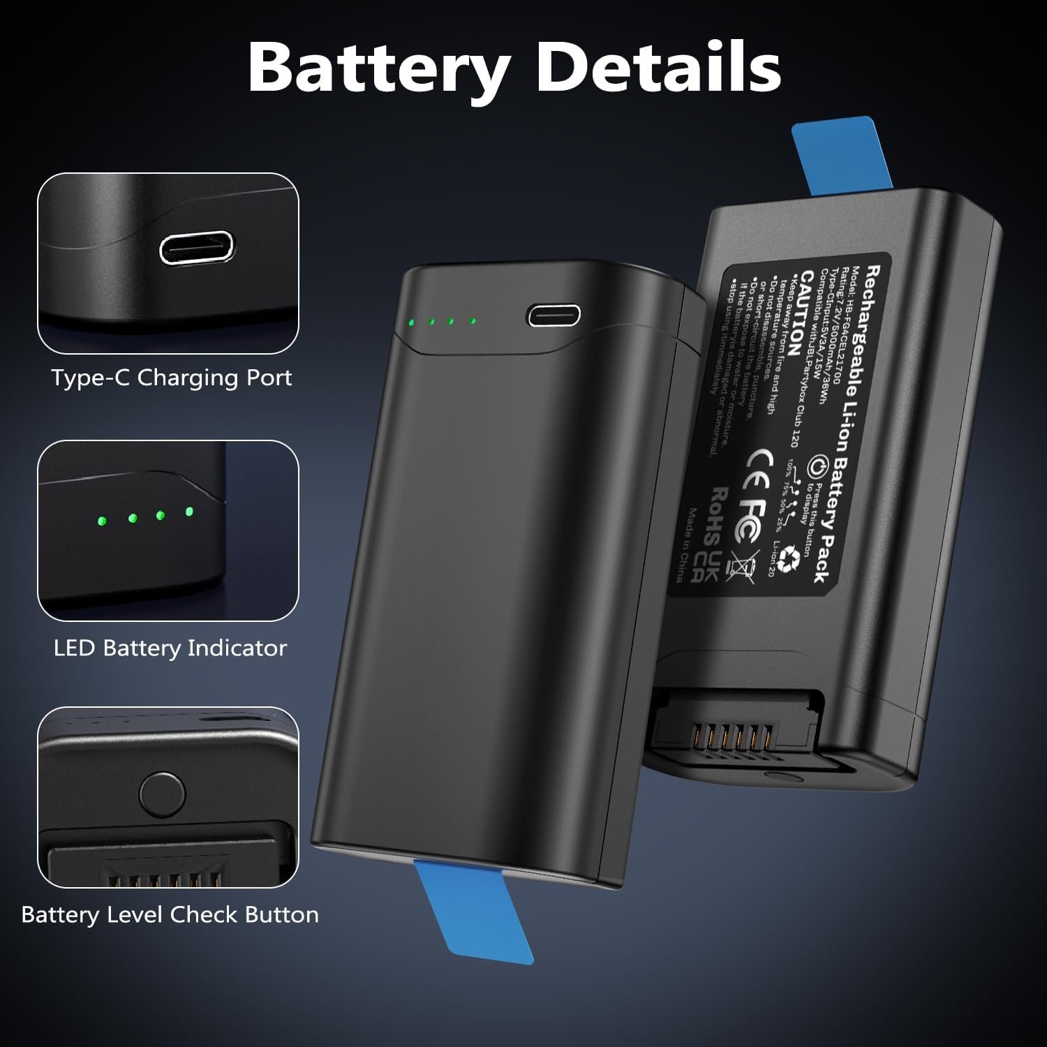 Replacement Battery for Battery 200, Built in Type-C Charging Port, LED Light Indicator Compatible with PartyBox Club 120 & PartyBox Encore 2 Portable Speaker - Image 5