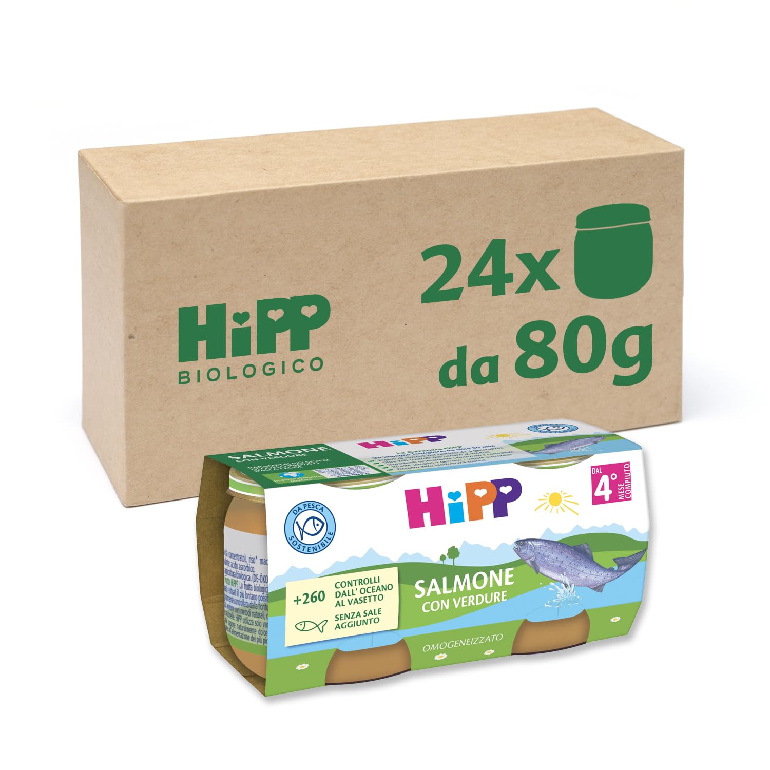 HiPP - Omogeneizzato di Pesce per Neonati, Gusto Salmone con Verdure, Senza glutine e Senza Aggiunta di Sale e Aromi, 24 Vasetti da 80 g