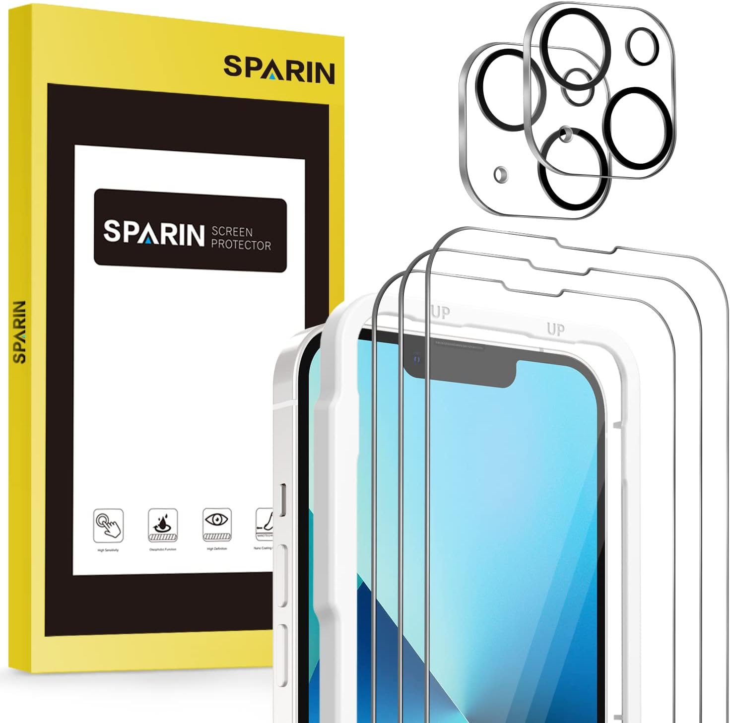 SPARIN Screen Protector for iPhone 13, 3 Pack 9H Tempered Glass and 2 Pack Camera Lens Protector for iPhone 6.1 Inch 2021, Alignment Tool, Bubble Free