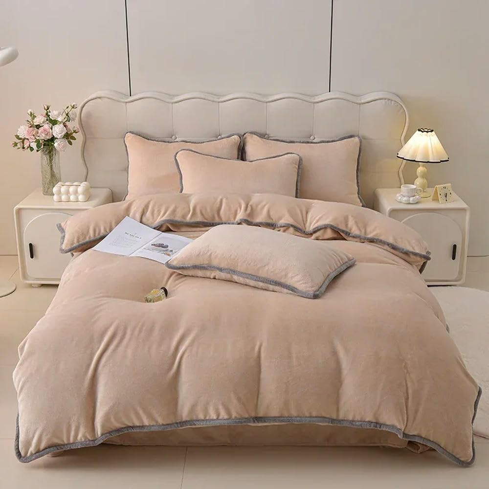 Coperta in Pile di Latte con Copripiumino e Lenzuolo Matrimoniale in Velluto Corallo, Set da 4 Pezzi