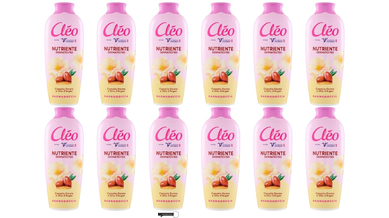 Cleo Bagnodoccia - 12 gel doccia con camelia e argan, pulizia del corpo per pelle morbida, liscia e vellutata, 750 ml, + portachiavi Italy Shop Service