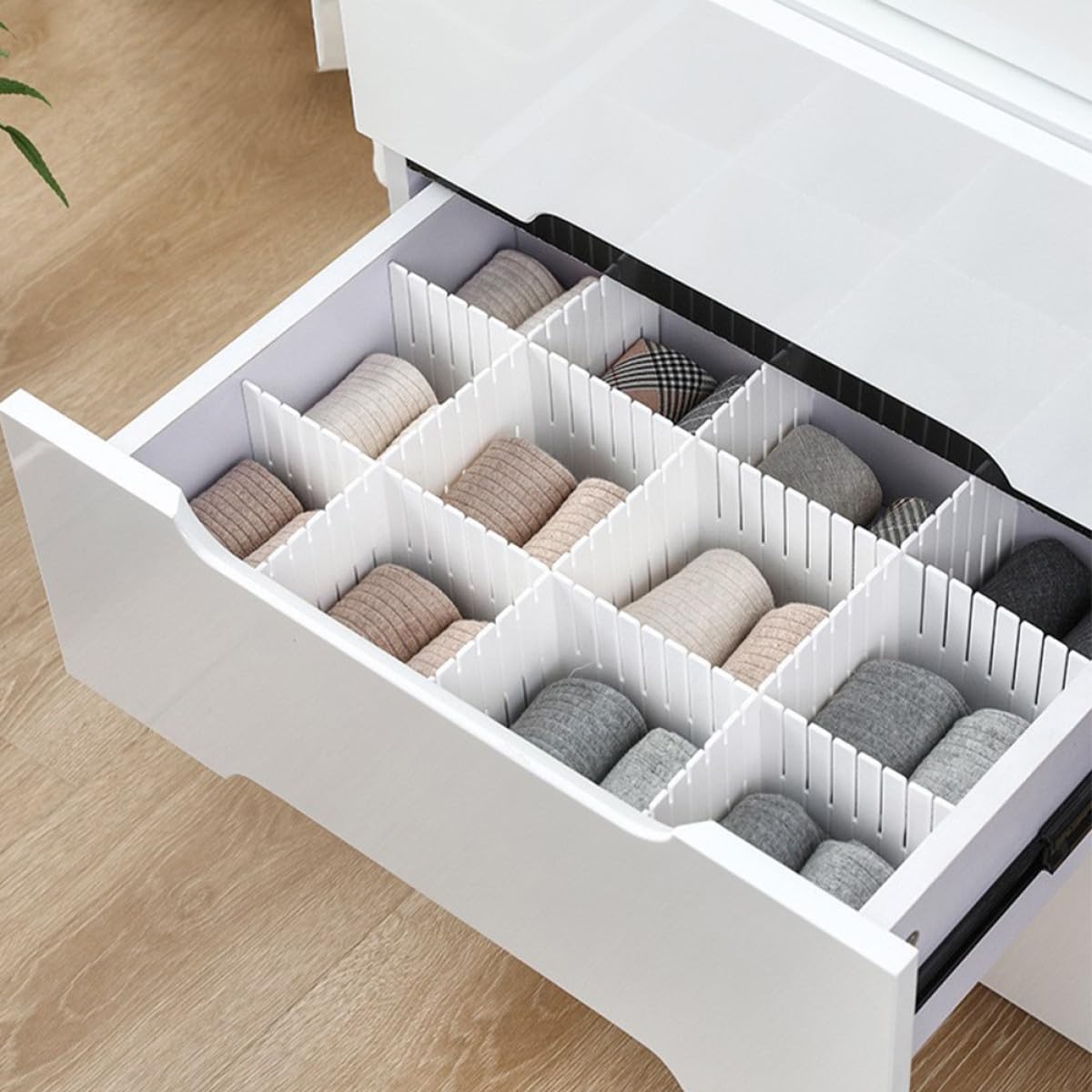 12 separadores ajustables de plástico blanco para cajones para oficina y cocina, sistema modular para almacenamiento de ropa interior, calcetines y objetos pequeños