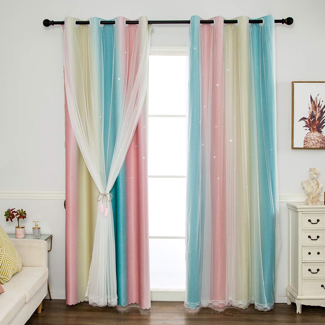 vctops Blackout Stripe Gradient Window Curtains Double Layer Tulle Overlay Drapes Star Cut Out Curtains for Kids Girls Bedroom Living Room, 1 Panel (Rainbow,52