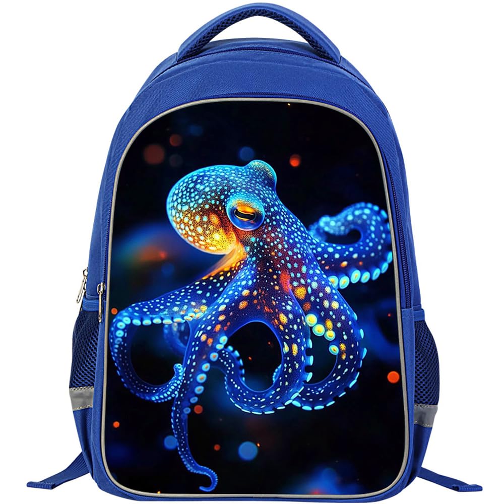 ZRENTAO Kids Backpack, 3D Reflective Cartoon, 600D Polyester & Dual Zippers, 17" Bookbag with Ergonomic Design for boys & girls age 6-18, Octopus
