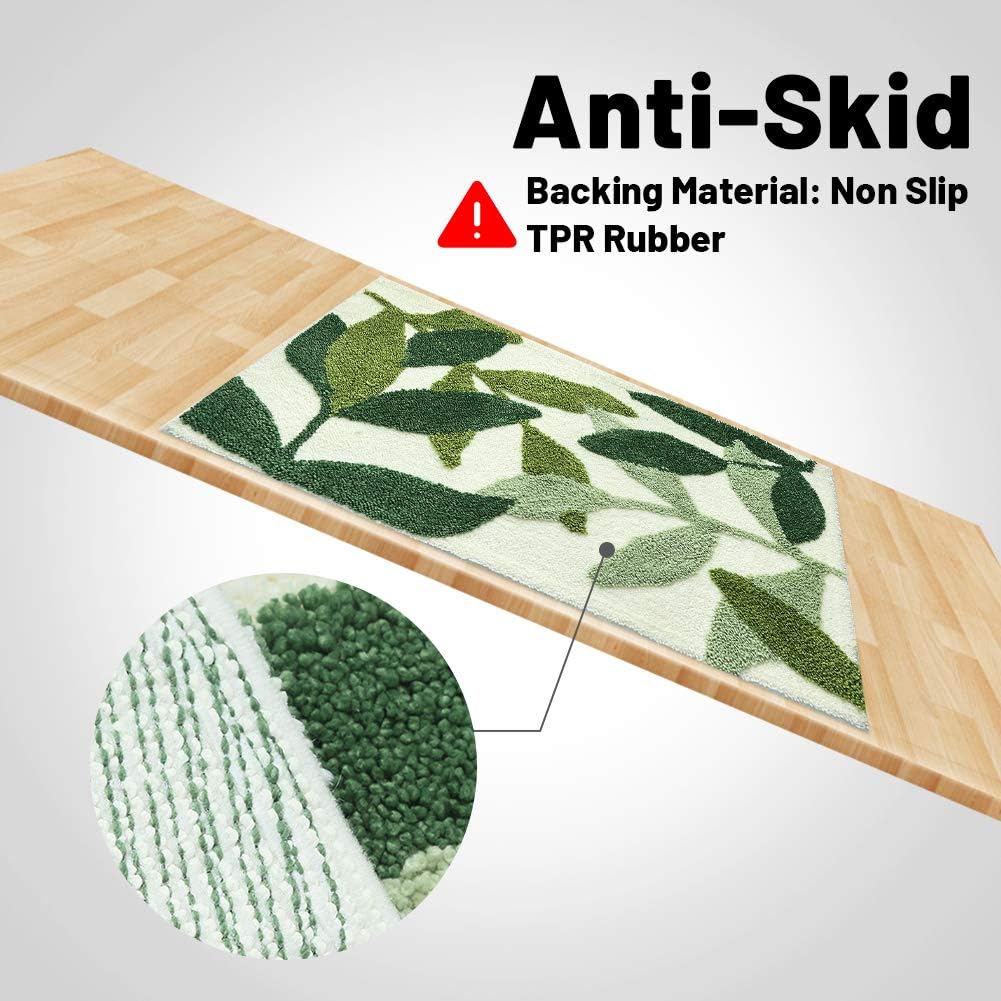 Tiita Indoor Doormat, Front Back Door Mat, Machine Washable Soft Bathroom Floor Mat for Entrance, 32x20 Inch Bathroom Rugs, Green Leaves