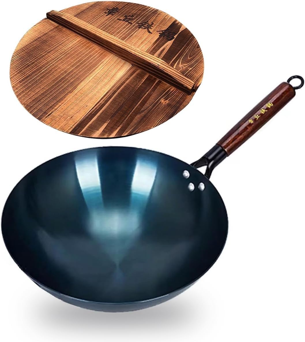 14 Inch Chinese Hand Hammered Iron Wok and Stir Fry Pans with Wooden Handle and Lid Round Bottom Wok Pan Non-stick No Coating Ideal for Home Use and Gift Giving 14 inch - wooden handle
