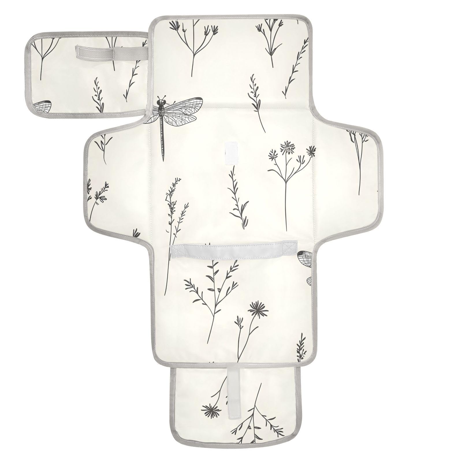 BOESI Scribble Dragonfly and Wildflower Pattern Portable Changing Pad, Baby Changing Pad, Waterproof Diaper Changing Travel Bag for Boys and Girls